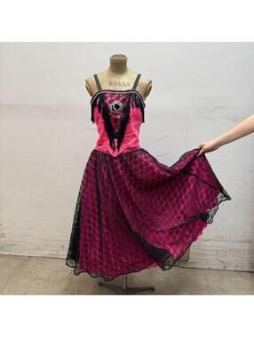Vintage Broadway Costume 70s Neon Pink & Black Floral Lace Skirt
